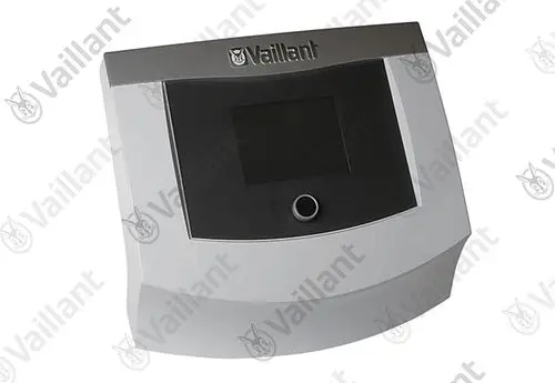 Vaillant Display-Gehäuse mit schwarzem Bildschirm und Bedientaste, montiert an einem eleganten, gebogenen weißen Gehäuse ohne sichtbare Anschlussstellen oder Bedienelemente.